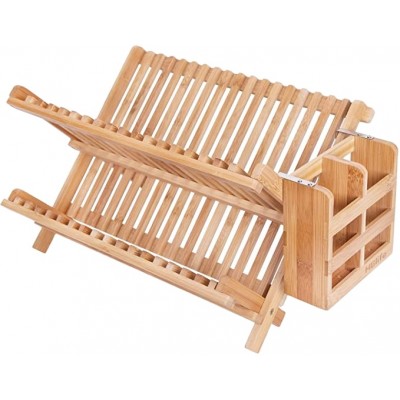 Bamboo Folding 2-tier Collapsible Drainer Dish Drying Rack With Utensils Flatware Holder Set