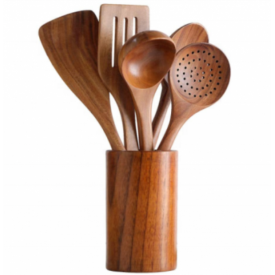 Eco Friendly Bamboo Teak Wooden Kitchen Spatula Spoon Cooking Tools Utensils Set With Utensils Holder