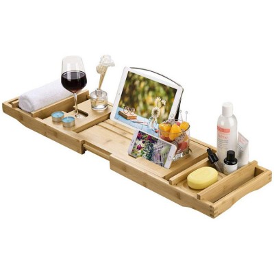 High quality Extendable Bamboo bathtub caddy tray with soap dish Towel holder